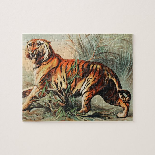 Vintage Bengal Tiger Illustration Art Old Antique Pussel (Horisontell)