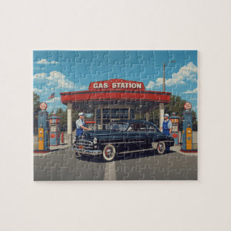 Vintage bensinstation Klassisk svart bil 1950-tal Pussel