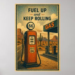 Vintage bensinstation på Route 66 i ökenlandskap Poster