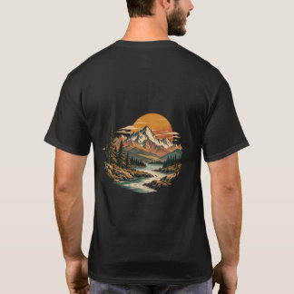 Vintage Bergs Solnedgång Flod Bakre Tryck T Shirt