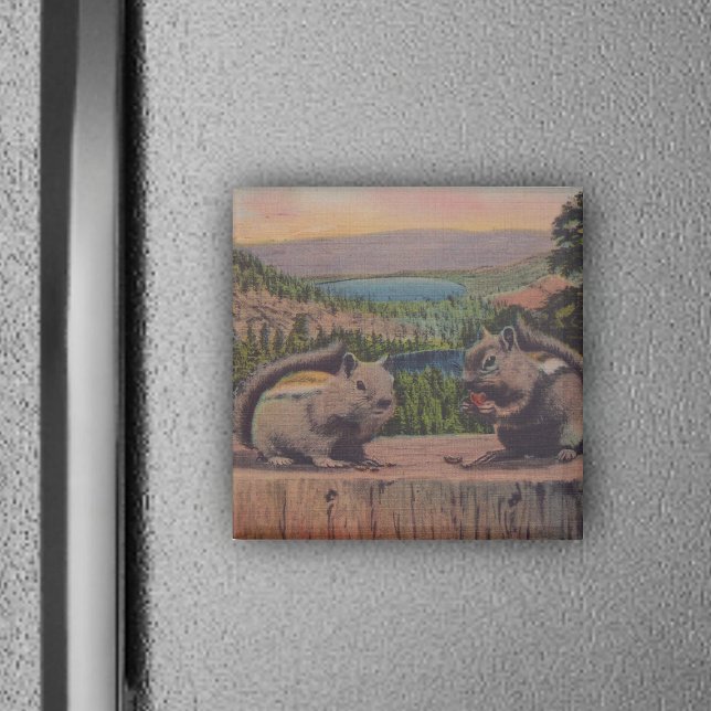 Vintage: Bergscen för ekorrar Magnet (Two cute chipmunks in forest on tree stump on magnet.)