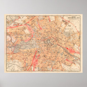Vintage Berlin Tyskland Karta (1899) Poster