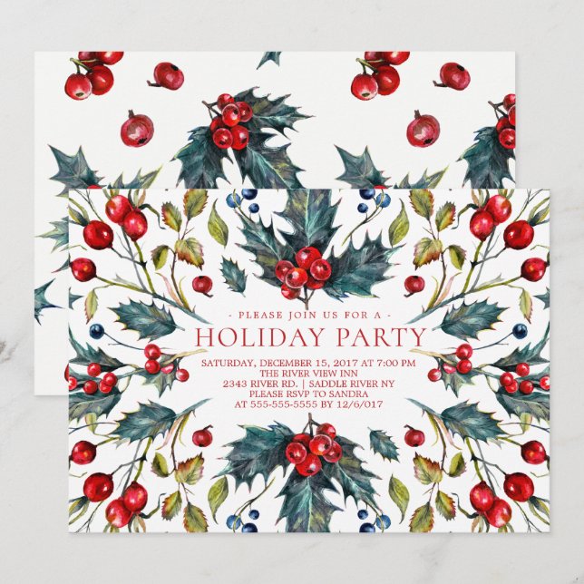 Vintage Berry Holly-inbjudan till Helgdag Inbjudningar (Fram/baksida)