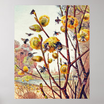 Vintage Bes Insektra Vår Willow Blommar Small