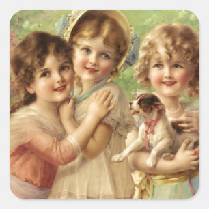 Vintage Bevackra Little Girls Fyrkantigt Klistermärke