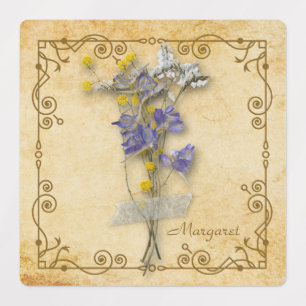 Vintage Beval Beige, torkade blommor med Namn Klistermärke
