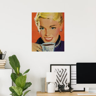 Vintage Beverages, Lycklig Woman med Kopp i kaffe Poster