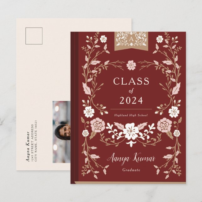 Vintage bibliotek bok examensfoto tillkännagivande meddelande vykort (Fram/baksida)