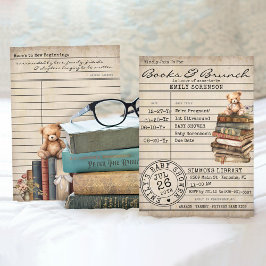 Vintage Bibliotek Card Bokar Bear Baby Shower Inbj Inbjudningar