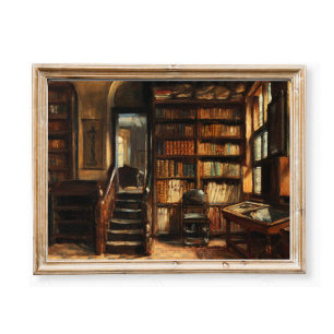 Vintage Bibliotek Oljemålning, Moody Insida-scenen Poster