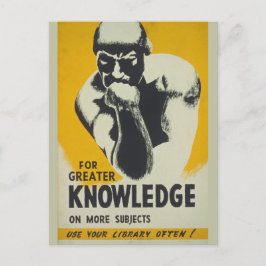 Vintage Bibliotek Poster Thinker Statue Librarian Vykort