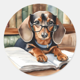 Vintage Bibliotek Watercolor Dachshund Runt Klistermärke