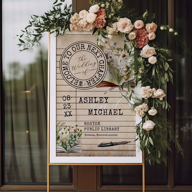 Vintage bibliotekskort böcker bröllop 24x36 välkom poster (Elegant 24x36" vintage floral books theme library card Next Chapter welcome wedding sign poster)