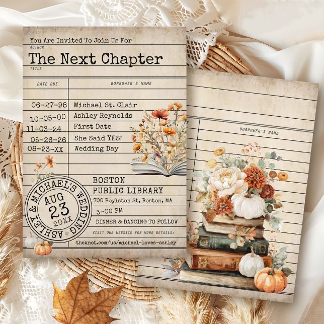Vintage bibliotekskort böcker höst blommande bröll inbjudningar (Elegant unique watercolor fall floral & pumpkin vintage library card book Autumn wedding invitation)
