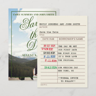 Vintage bibliotekskort och bokomslag Save the Date Spara Datumet