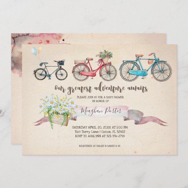 Vintage Bicycle Baby Shower Inbjudningar (Fram/baksida)