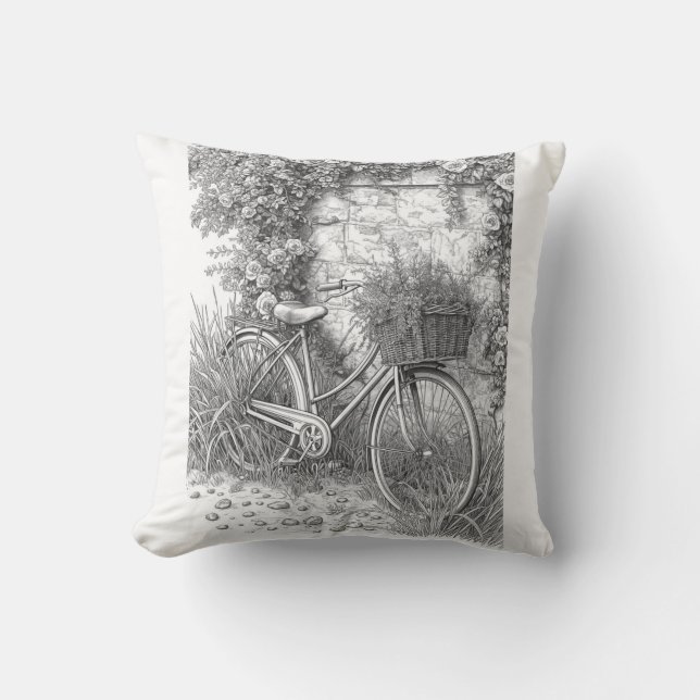 Vintage Bicycle & Garden Roses Ink Art Pillow Kudde (Framsida)