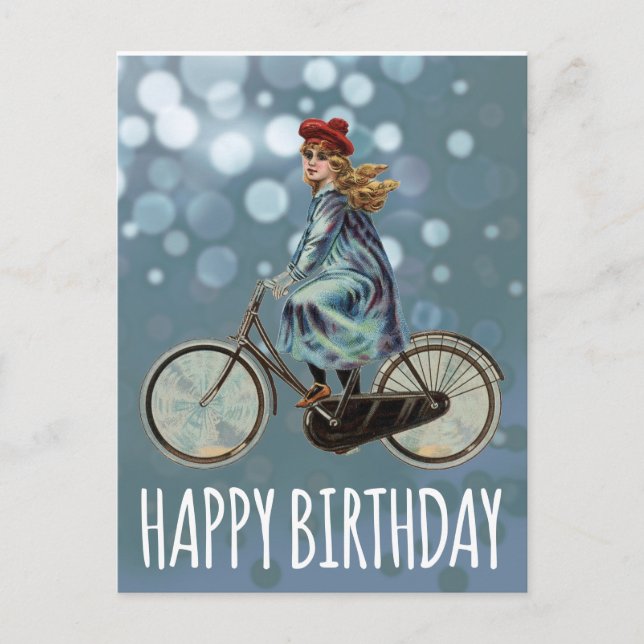 Vintage Bicycle Girl - Birthday Vykort (Framsida)