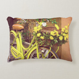 Vintage Bicycle Gult Basket i Blommor Pillow Prydnadskudde