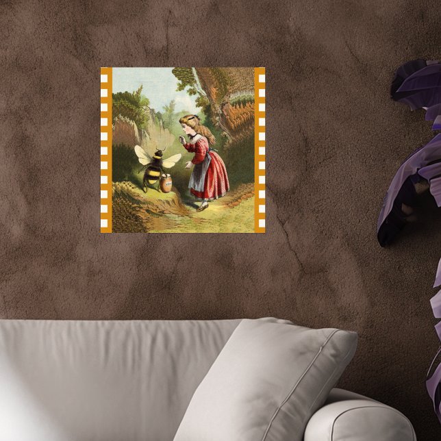 Vintage Bietunge Flickas Honungsburk Poster (Victorian girl in woods talking to bee guarding his pot of honey checkered border on wall poster.)