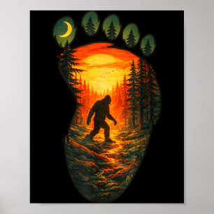 Vintage Bigfoot Fotavtryck Solnedgång Skog Sasquat Poster