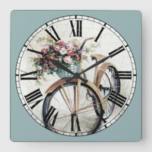 Vintage Bike w/Flowers i Basket Fyrkantig Klocka