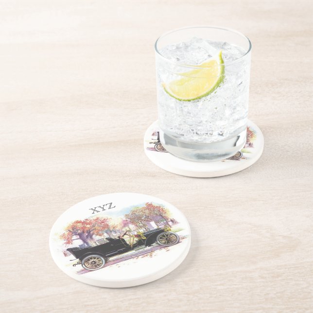 Vintage bil anpassningsbar monogram underlägg sandsten (Sidan)