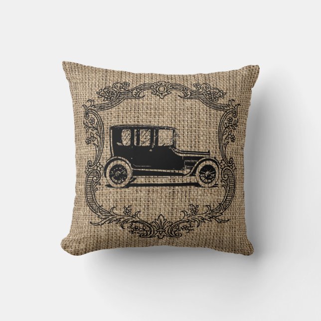 Vintage Bil Jute Kudde (Framsida)