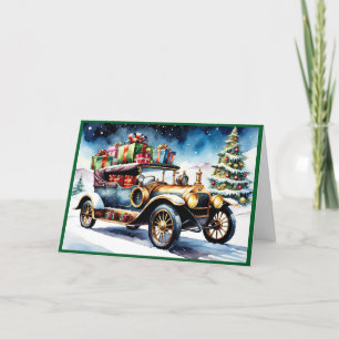 Vintage bil med julklappar helgkort