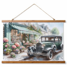 Vintage bil och Charming Flower Shop Watercolor