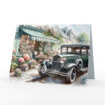 Vintage bil och Charming Flower Shop Watercolor