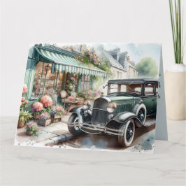 Vintage bil och Charming Flower Shop Watercolor Kort