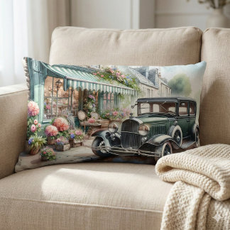 Vintage bil och Charming Flower Shop Watercolor Lumbarkudde