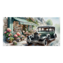 Vintage bil och Charming Flower Shop Watercolor