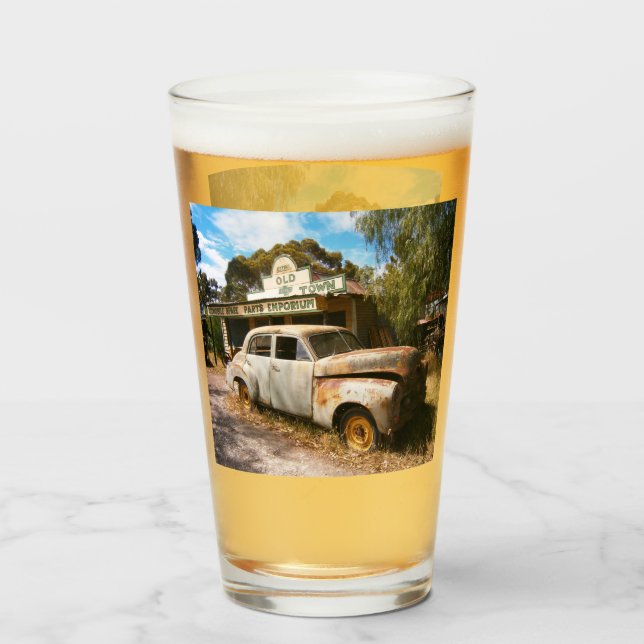 Vintage bil och Garage, ölglas Glaskopp (Baksida fylld)