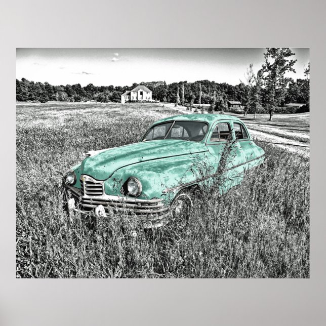 vintage bil övergavs i fält myntgrönt poster. poster (Framsidan)