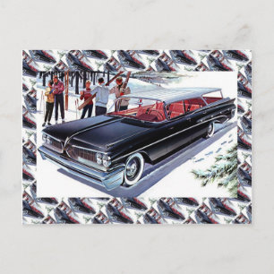 Vintage bil reklam, skidåkning med bil vykort