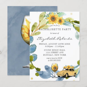 Vintage bil Sunblommor Bachelorette Party Inbjudningar
