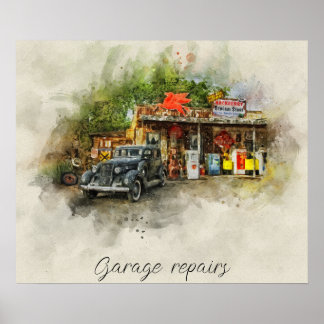 vintage bil utanför det gamla garaget poster