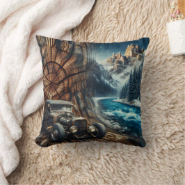 Vintage bil vid floden i Sceniskt bergslandskap Kudde