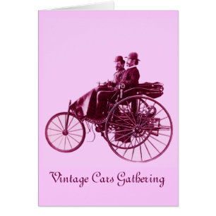 Vintage bilar Gathering , lila rosa violett vit Hälsningskort