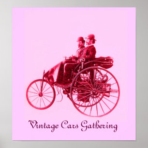 Vintage bilar Gathering,rosa fuchsia red violet Poster
