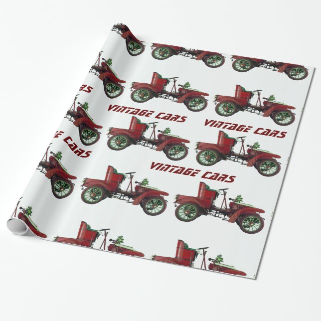 VINTAGE BILAR Röd Svart Vit Presentpapper (Utrullad)