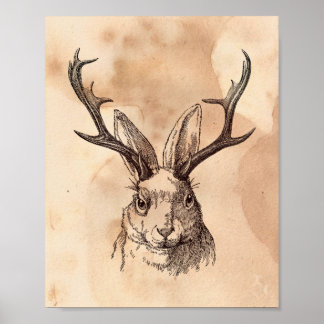 Vintage bild Jackalope Rabbit Tea Nedfläckad Pappe Poster