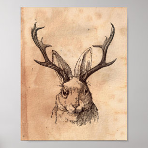 Vintage bild Jackalope Rabbit Tea Nedfläckad Pappr Poster