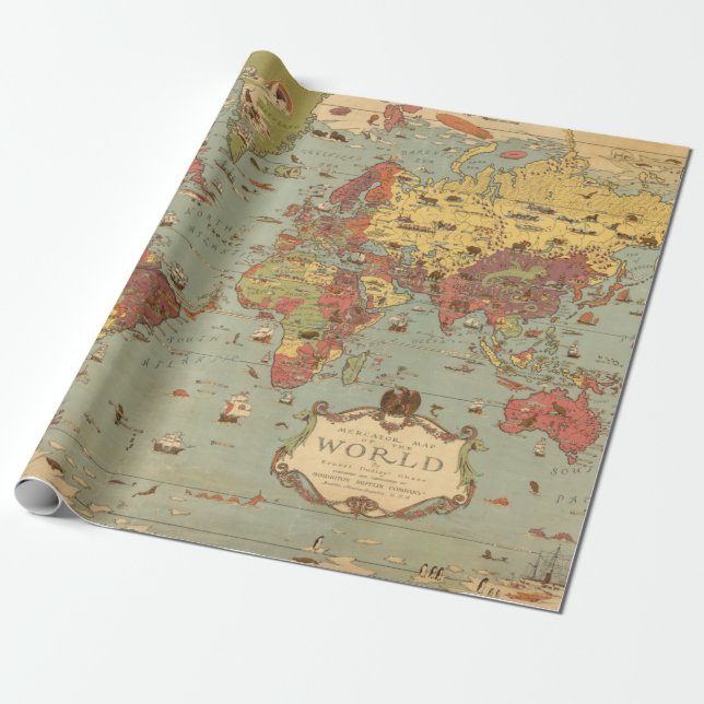 Vintage Bild Karta i världen Presentpapper (Utrullad)