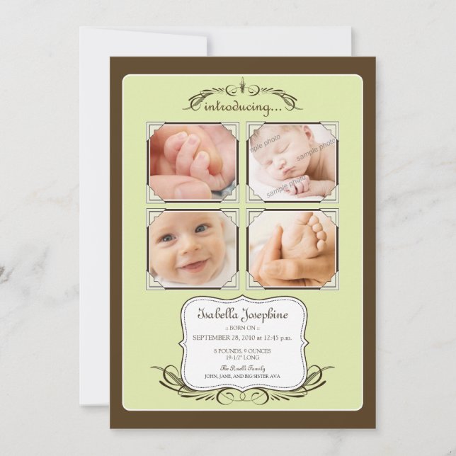 Vintage Bild Kvadrat 5x7" Lime Födelseannons Meddelande (Framsida)