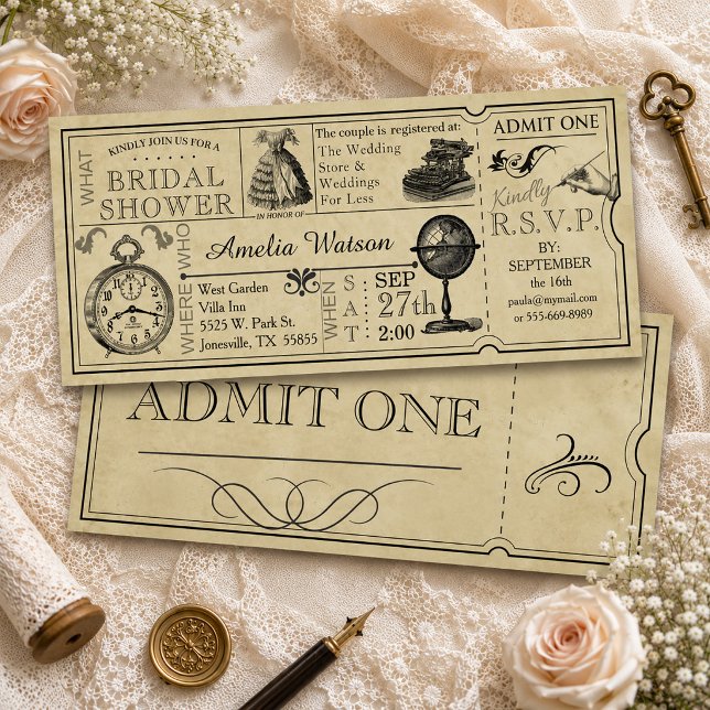 Vintage Biljett Bröllopsfest Inbjudan (Vintage Ticket Bridal Shower Invitation)