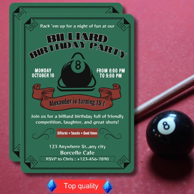 Vintage Billiard Födelsedagsfest Bassäng Tema Grön Inbjudningar (Skapare uppladdad)