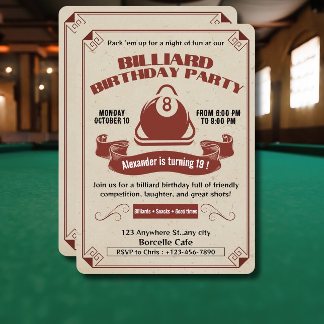 Vintage Billiard Födelsedagsfest Inbjudan Bassäng  (Skapare uppladdad)
